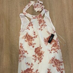 Lulus Floral Halter Mini Dress Small White Pink Tie Neck NWT